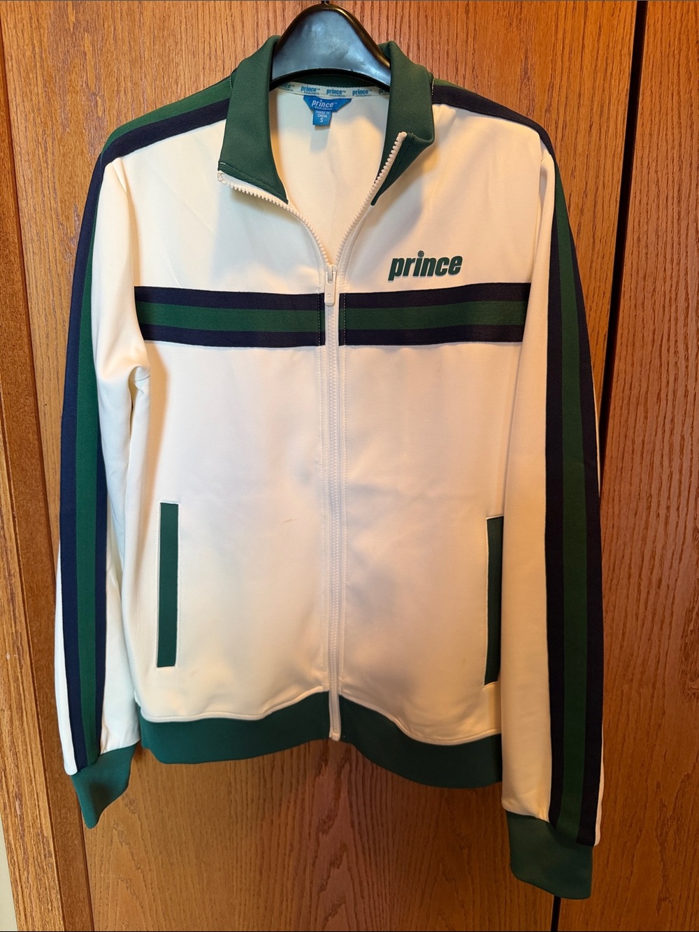 Prince White Track Jacket with Green & Navy Stripe Accents
